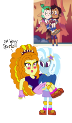 Size: 1776x3000 | Tagged: safe, artist:ktd1993, adagio dazzle, trixie, human, humanoid, equestria girls, g4, spoiler:the owl house, amity blight, bridal carry, canon ship, carrying, dyed hair, female, lesbian, lumity, luz noceda (the owl house), shipping, spoilers for another series, the owl house, triagio, witch
