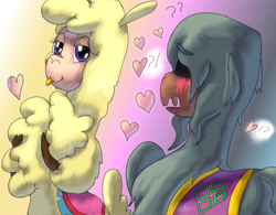 Size: 2589x2016 | Tagged: safe, artist:firefanatic, adobo, paprika (tfh), alpaca, them's fightin' herds, :p, blushing, community related, conflicted, cute, female, flirting, fluffy, heart, high res, male, nervous, saddle blanket, shipping, straight, tongue out