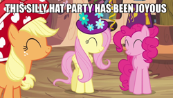 Size: 1200x675 | Tagged: safe, edit, edited screencap, screencap, applejack, fluttershy, pinkie pie, earth pony, pegasus, pony, daring don't, g4, my little pony: friendship is magic, caption, female, golden oaks library, hat, image macro, mare, text, trio