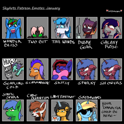 Size: 1500x1500 | Tagged: safe, artist:skydreams, oc, oc:cade quantum, oc:dusky gear, oc:galaxy rose, oc:lady foxtrot, oc:scaramouche, oc:searing cold, oc:skitzy, oc:skydreams, oc:sparky showers, oc:staticspark, oc:tail winds, oc:two bit, oc:wander bliss, alicorn, bat pony, bat pony alicorn, changeling, dragon, earth pony, fox, kirin, original species, plane pony, pony, red panda, unicorn, :p, ahegao, angry, bat pony oc, bat wings, blushing, crying, dead stare, disguise, disguised changeling, drool, drool string, ear blush, ear piercing, earring, emoji, emotes, female, glasses, heart, horn, jewelry, looking at you, male, mare, open mouth, patreon, patreon reward, piercing, plane, pounce, sad, screwdriver, stallion, sunglasses, thumbs up, tired, tongue out, wings