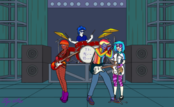 Size: 2956x1821 | Tagged: safe, artist:linedraweer, dj pon-3, vinyl scratch, oc, oc:cobalt, oc:firebolt blaze, oc:rainbow lightspeed, equestria girls, g4, clothes, commission, cymbals, drum kit, drum set, drums, electric guitar, female, guitar, male, musical instrument, speaker, stage, sunglasses