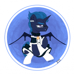 Size: 700x700 | Tagged: safe, artist:bbyxvi, oc, oc only, oc:icey wicey, alicorn, bat pony, bat pony alicorn, pony, alicorn oc, annoyed, bat pony oc, bat wings, clothes, collar, commission, crossdressing, dress, ear piercing, earring, fangs, glasses, horn, jewelry, maid, male, pet tag, piercing, raised hoof, sitting, skirt, socks, solo, stallion, stockings, thigh highs, unamused, wings, ych result