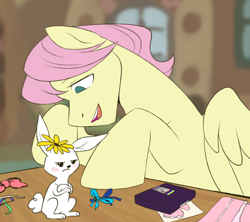 Size: 1280x1138 | Tagged: safe, artist:renka2802, angel bunny, fluttershy, pegasus, pony, g4, blushing, butterscotch, cute, digital art, duo, flower, male, open mouth, rule 63, shyabetes, sitting, smiling