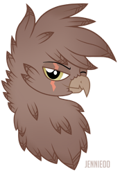 Size: 831x1200 | Tagged: safe, artist:jennieoo, oc, oc only, oc:helios flinch, griffon, looking at you, one eye closed, scar, scared, show accurate, simple background, solo, transparent background, vector, wink, winking at you