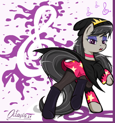 Size: 1114x1190 | Tagged: safe, artist:sallycars, octavia melody, earth pony, pony, g4, beanie, bedroom eyes, boots, choker, clothes, cosplay, costume, crossover, eyeshadow, female, hat, hellaverse, helluva boss, legitimately amazing mspaint, makeup, mare, ms paint, name joke, name pun, namesake, octavia (helluva boss), open mouth, pun, raised hoof, raised leg, shirt, shoes, solo, stockings, thigh highs, visual pun