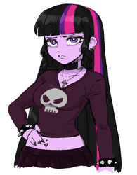 Size: 582x748 | Tagged: safe, artist:nairdags, sci-twi, twilight sparkle, human, equestria girls, g4, belly button, belly piercing, bellyring, clothes, collar, cross, cross necklace, ear piercing, earring, female, goth, jewelry, makeup, midriff, nail polish, necklace, piercing, simple background, solo, spiked wristband, white background, wristband