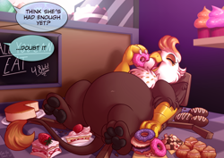 Size: 3508x2480 | Tagged: safe, artist:sugaryviolet, oc, oc only, oc:macchiato (griffon), griffon, belly, big belly, chair, cute, fat, female, food, furniture abuse, griffon oc, high res, pastries, paw pads, paws, stuffed, stuffed belly, stuffing, underpaw