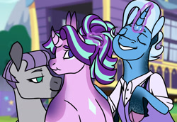 Size: 1280x883 | Tagged: safe, artist:eonionic, maud pie, starlight glimmer, trixie, g4, female, lesbian, polyamory, ship:mauxie, ship:startrix, shipping, starmaud, starmauxie