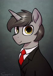 Size: 2300x3284 | Tagged: safe, artist:selenophile, oc, oc only, oc:darius, pony, unicorn, bust, clothes, high res, looking at you, male, necktie, smiling, smirk, solo, stallion, suit