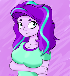 Size: 5500x6000 | Tagged: safe, artist:hurb, derpibooru exclusive, starlight glimmer, human, equestria girls, g4, arm under breasts, breasts, bust, busty starlight glimmer, cleavage, clothes, cute, female, long hair, portrait, simple background, smiling, solo