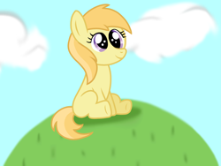 Size: 2048x1536 | Tagged: safe, artist:tangerinetwime, noi, earth pony, pony, g4, cloud, cute, female, filly, grass, hill, noiabetes, redraw, shadow, sitting, smiling, solo