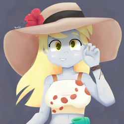 Size: 1800x1800 | Tagged: safe, artist:biocrine, derpy hooves, equestria girls, g4, breasts, busty derpy hooves, clothes, cute, derpabetes, hat, simple background, solo, sun hat, tank top