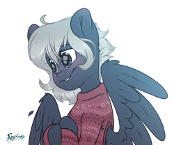 Size: 2400x2000 | Tagged: safe, artist:fluffyxai, oc, oc only, oc:stratus, pegasus, pony, bashful, blushing, clothes, high res, jumper, male, shy, simple background, smiling, solo, spread wings, stallion, transparent background, wings