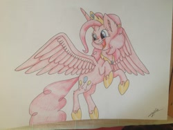 Size: 2048x1536 | Tagged: safe, artist:emalajiss36, pinkie pie, alicorn, pony, g4, alicornified, eyelashes, hoof shoes, jewelry, looking back, open mouth, peytral, pinkiecorn, race swap, rearing, solo, tiara, traditional art, xk-class end-of-the-world scenario