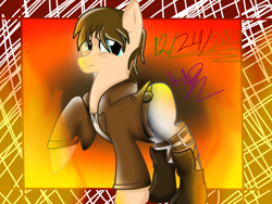 Size: 1024x768 | Tagged: safe, artist:juliet-gwolf18, oc, oc only, earth pony, pony, abstract background, attack on titan, boots, clothes, male, ponified, raised hoof, shoes, signature, solo, stallion