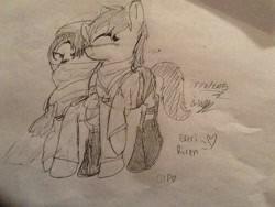 Size: 960x720 | Tagged: safe, artist:juliet-gwolf18, earth pony, pony, attack on titan, boots, clothes, duo, eyes closed, lineart, male, ponified, raised hoof, scarf, shoes, smiling, stallion, traditional art