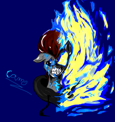 Size: 725x767 | Tagged: safe, artist:@cameron, oc, oc only, oc:blue flare, earth pony, pony, blue background, clothes, cracking skin, crying, evil smile, fiery eyes, fiery mane, grin, hoodie, looking at you, male, ooze, shine, simple background, smiling, solo