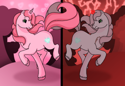 Size: 1160x796 | Tagged: safe, artist:tanahgrogot, pony, unicorn, g2, 2019, aelita schaeffer, angry, base used, code lyoko, crossover, duo, female, green eyes, heart, lightning, lil miss aelita, magic, mare, pink hair, ponified, smiling, tree, two sides