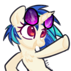 Size: 800x800 | Tagged: dead source, safe, artist:yaco, dj pon-3, vinyl scratch, pony, unicorn, g4, chest fluff, female, mare, open mouth, pointing, raised hoof, simple background, solo, vinyl's glasses, white background