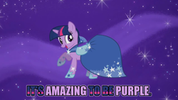 Size: 1280x720 | Tagged: safe, edit, edited screencap, part of a set, screencap, twilight sparkle, pony, g4, suited for success, clothes, dress, gala dress, looking at you, solo, text