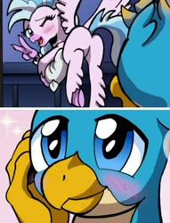 Size: 1183x1549 | Tagged: safe, artist:tarkron, edit, gallus, silverstream, classical hippogriff, griffon, hippogriff, g4, 2 panel comic, butt, comic, cropped, cute, diastreamies, eyes on the prize, female, gallabetes, looking at butt, male, plot, ship:gallstream, shipping, straight, streambutt