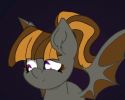 Size: 1347x1080 | Tagged: safe, artist:theotherpony, part of a set, oc, oc only, oc:mythic dawn, bat pony, pony, animated, bat pony oc, bat wings, blushing, commission, cute, eyebrows, eyebrows visible through hair, fangs, female, gif, hair tie, kissing, looking at you, looking away, mare, ocbetes, perfect loop, ponytail, purple eyes, simple background, smiling, smiling at you, solo, wings, ych result