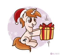 Size: 1280x1179 | Tagged: safe, artist:redpalette, oc, oc:white shield, pony, unicorn, christmas, commission, cute, hat, holiday, horn, male, pacifier, present, santa hat, sitting, smiling, snow, snowflake, unicorn oc, your character here