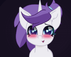 Size: 1271x1024 | Tagged: safe, artist:theotherpony, edit, oc, oc only, oc:indigo wire, pony, unicorn, animated, blushing, female, fourth wall, gif, kissing, kissing the screen, looking at you, looking away, mare, perfect loop, ponytail, solo