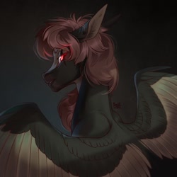 Size: 850x850 | Tagged: safe, artist:basilllisk, oc, oc only, pegasus, pony, bedroom eyes, commission, digital art, looking at you, looking back, looking back at you, male, simple background, solo, spread wings, stallion, wings