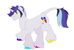 Size: 1280x854 | Tagged: safe, artist:itstechtock, oc, oc only, pony, unicorn, colored hooves, curved horn, horn, leonine tail, male, multicolored hooves, simple background, solo, stallion, tail, transparent background, unshorn fetlocks
