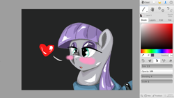 Size: 1366x768 | Tagged: safe, artist:@cameron, maud pie, earth pony, pony, g4, blushing, cute, digital art, floating heart, heart, looking at something, maud being maud, rock, screenshots, simple background, solo