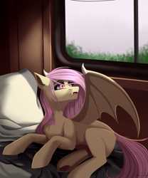 Size: 2000x2400 | Tagged: safe, artist:villjulie, fluttershy, bat pony, pony, g4, bat ponified, dock, fangs, female, flutterbat, high res, mare, photo, ponies in real life, race swap, solo, train, window