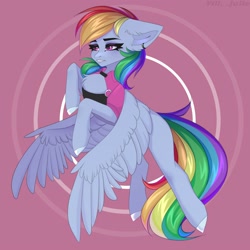 Size: 2000x2000 | Tagged: safe, artist:villjulie, rainbow dash, pegasus, pony, g4, 2020, chest fluff, clothes, ear fluff, ear piercing, female, floppy ears, high res, mare, piercing, solo