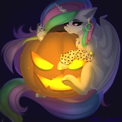 Size: 2000x2000 | Tagged: dead source, safe, artist:villjulie, princess celestia, alicorn, pony, g4, 2020, arm warmers, chest fluff, clothes, ear piercing, earring, female, halloween, high res, holiday, horn, horn jewelry, jack-o-lantern, jewelry, mare, necklace, piercing, pumpkin, solo