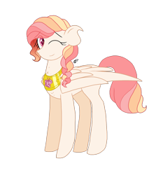 Size: 1772x1900 | Tagged: safe, artist:gallantserver, oc, oc only, oc:kindle, pegasus, pony, concave belly, element of kindness, female, mare, one eye closed, parents:flutterlestia, peytral, simple background, solo, transparent background