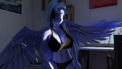 Size: 5120x2880 | Tagged: safe, artist:hmage, princess luna, alicorn, anthro, g4, 3d, blender, bra, breasts, busty princess luna, clothes, crepuscular rays, female, high res, horn, monitor, s1 luna, smiling, solo, underwear, wings