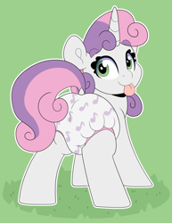 Size: 2790x3607 | Tagged: safe, artist:duckie, sweetie belle, pony, unicorn, g4, :p, adult foal, cute, diaper, diaper fetish, diasweetes, dock, female, fetish, grass, high res, looking at you, looking back, looking back at you, mare, music notes, non-baby in diaper, simple background, solo, tongue out