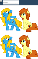 Size: 1280x2004 | Tagged: safe, artist:furrgroup, oc, oc only, oc:firefox, oc:internet explorer, earth pony, pony, ask internet explorer, browser ponies, duo, female, internet explorer, mare, mozilla firefox, simple background, white background