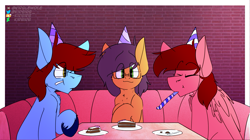 Size: 1933x1083 | Tagged: safe, artist:kirbirb, oc, oc only, oc:chance, oc:daudaen, oc:notetaker, earth pony, pegasus, pony, birthday party, cake, food, gift art, glasses, hat, party, party hat, party horn, trio