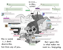 Size: 3000x2398 | Tagged: safe, artist:chopsticks, oc, oc only, oc:cookie cutter, earth pony, pegasus, pony, unicorn, ask, ask cookie cutter, cheek fluff, chest fluff, crowd, crying, dialogue, feels, female, filly, foal, heart, high res, magic, male, mare, monochrome, rope, stallion, stuttering, telekinesis, text