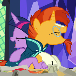 Size: 980x980 | Tagged: safe, screencap, sunburst, twilight sparkle, alicorn, pony, unicorn, g4, uncommon bond, cropped, duo, female, hug, male, mare, stallion, twilight sparkle (alicorn)