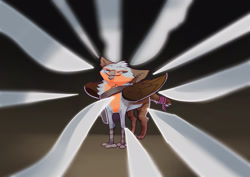 Size: 2058x1455 | Tagged: safe, artist:sitaart, oc, oc:thumbtack, griffon, beak, exploitable meme, floppy ears, griffon oc, image macro, knife, knife cat, meme, micro, satchel, smug, sword, tail, tail wrap, up to no good, weapon, wings