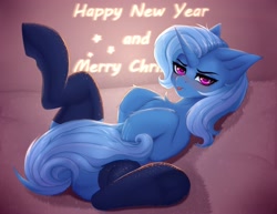 Size: 3000x2312 | Tagged: safe, artist:evlass, trixie, pony, unicorn, g4, christmas, clothes, commission, covering, female, happy new year, high res, holiday, lying down, merry christmas, on back, shy, socks, solo, tail, tail covering, ych sketch