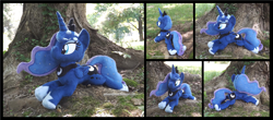 Size: 3990x1754 | Tagged: safe, artist:peruserofpieces, princess luna, alicorn, pony, g4, beanie (plushie), female, hoof shoes, horn, irl, jewelry, lying down, mare, photo, plushie, profile, prone, regalia, smiling, solo, sploot, tree, wings