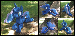 Size: 3668x1754 | Tagged: safe, artist:peruserofpieces, princess luna, alicorn, pony, g4, beanie (plushie), female, horn, irl, lying down, mare, photo, plushie, prone, smiling, solo, sploot, tree, wings