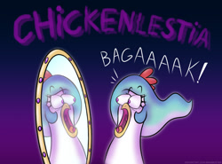 Size: 955x708 | Tagged: safe, artist:banebuster, princess celestia, bird, chicken, original species, series:tiny tia, between dark and dawn, g4, alektorophobia, becoming what you fear, birdified, chickenfied, chickenlestia, fear, gradient background, mirror, open mouth, species swap, that princess sure is afraid of chickens, wild take