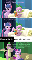 Size: 1920x3540 | Tagged: safe, artist:red4567, spike, twilight sparkle, alicorn, dragon, pony, unicorn, g4, 3d, alternate universe, aside glance, beard, brother and sister, comic book, couch, facial hair, female, filly, filly twilight sparkle, glasses, looking at you, male, multiverse, older, older spike, role reversal, siblings, source filmmaker, spike day, spike is not amused, twilight sparkle (alicorn), twilight sparkle is not amused, unamused, unicorn twilight, winged spike, wings, younger