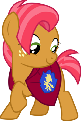 Size: 3000x4461 | Tagged: safe, artist:cloudy glow, babs seed, earth pony, pony, g4, one bad apple, .ai available, adorababs, cape, clothes, cute, female, filly, freckles, high res, looking back, raised hoof, simple background, smiling, solo, transparent background, vector