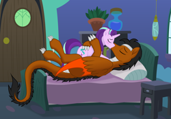 Size: 10000x6936 | Tagged: safe, artist:negatif22, starlight glimmer, oc, oc:draco k-night blaze, dracony, dragon, hybrid, pony, unicorn, g4, bed, bedroom, blushing, canon x oc, commission, couple, duo, eyes closed, female, folded wings, kiss on the lips, kissing, making out, male, mare, movie accurate, shipping, stallion, starlaco, straight, vector, wings