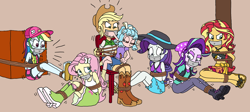 Size: 2118x945 | Tagged: safe, artist:bugssonicx, applejack, cozy glow, fluttershy, rainbow dash, rarity, starlight glimmer, sunset shimmer, human, equestria girls, g4, angry, arm behind back, bondage, bound and gagged, cap, chair, clothes, crying, equestria girls-ified, female, gag, hat, help us, midriff, rainbond dash, rarity's blue sarong, rarity's purple bikini, rope, rope bondage, sandals, sarong, scared, skirt, sun hat, swimsuit, tank top, tape, tape gag, tied to chair, tied up